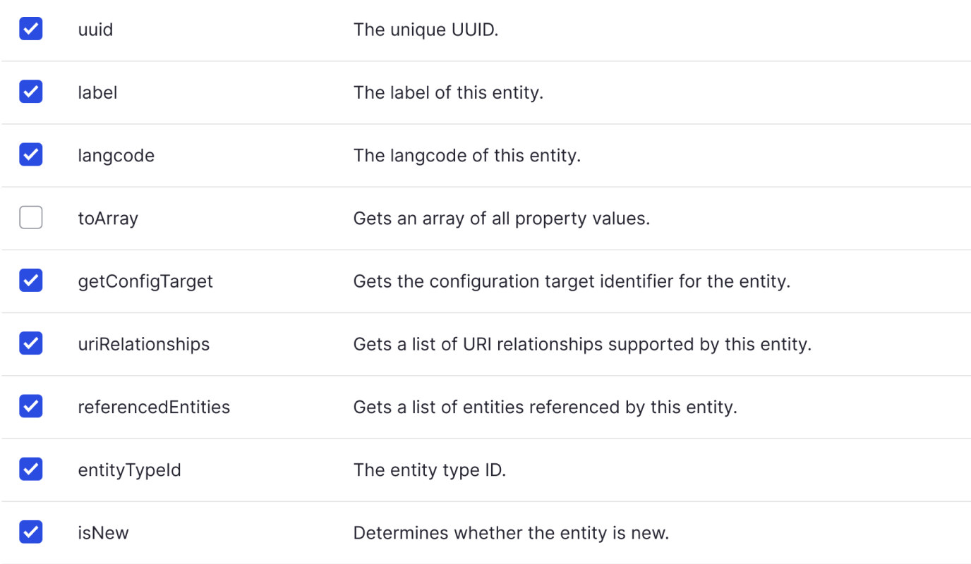 Screenshot of checkboxes to enable base entity fields.