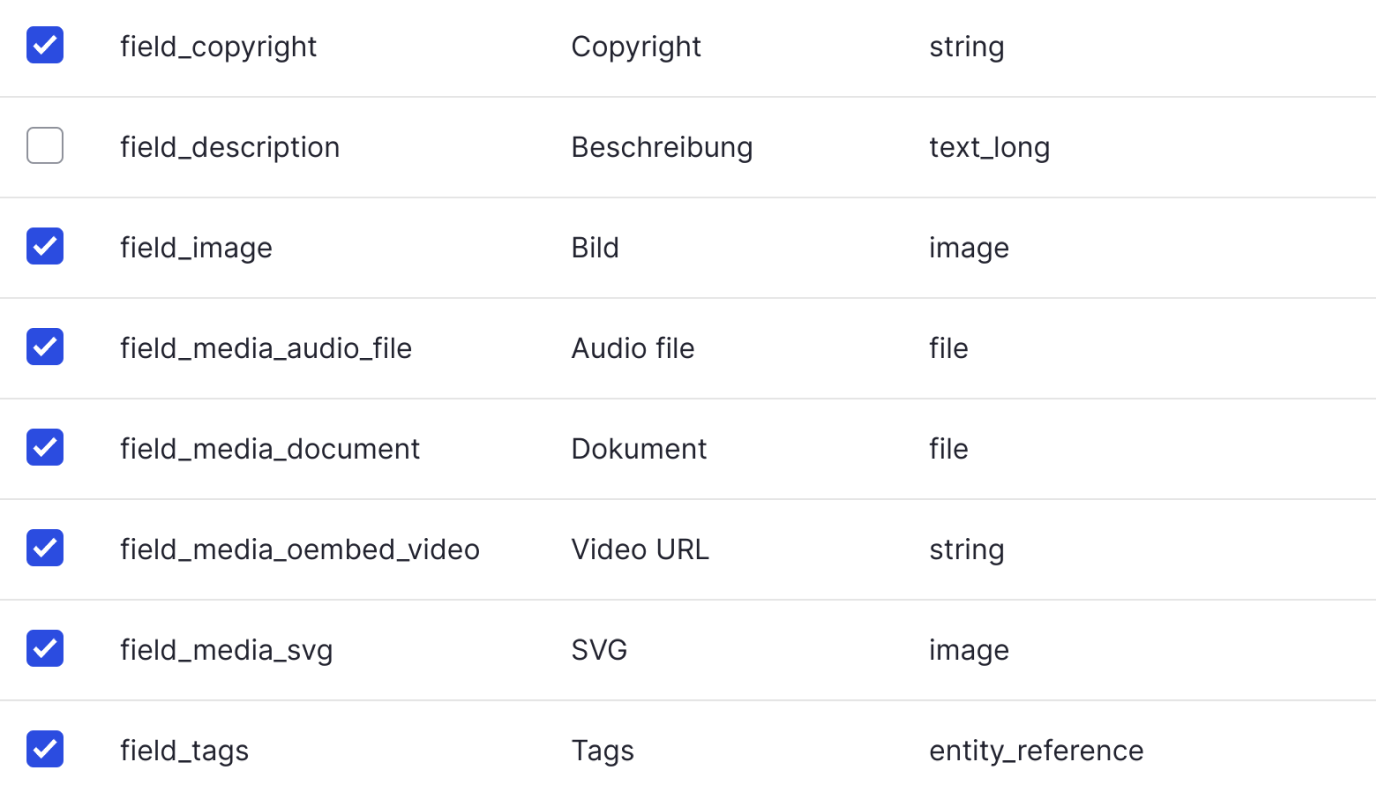 Screenshot of checkboxes to enable fields.